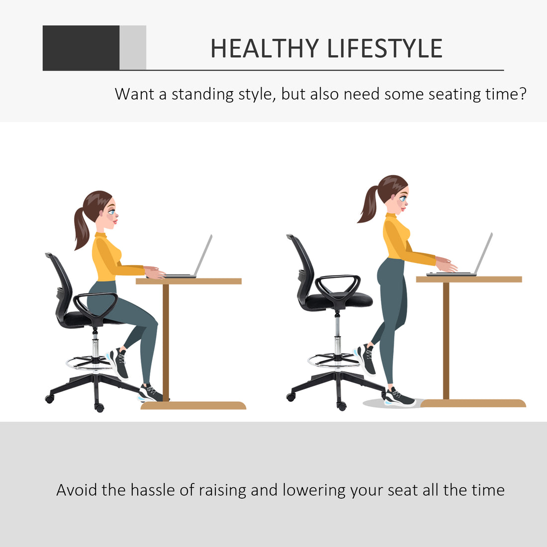 Vinsetto Drafting Chair, Ergonomic Tall Office Chair with Mesh Back, Lumbar Support, Adjustable Height and Foot Ring, Swivel Wheels, for Standing Desk, Black