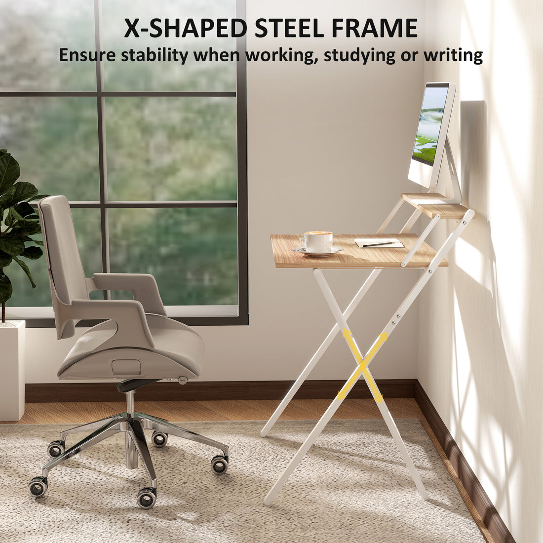HOMCOM 70 cm Folding Computer Desk with Monitor Shelf - Natural Wood Finish