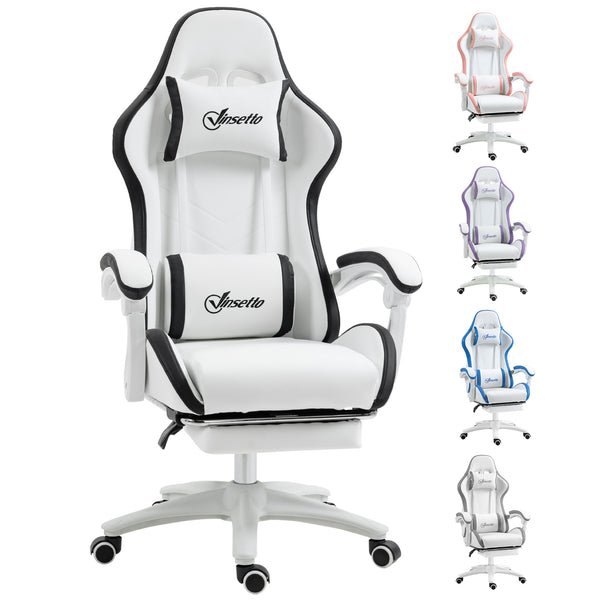 Vinsetto Gaming Chair, Computer Gamer Chair with Reclining High Back, Headrest, Lumbar Support, Footrest, Swivel Wheels, PU Leather, Adjustable Height for Home, White and Black