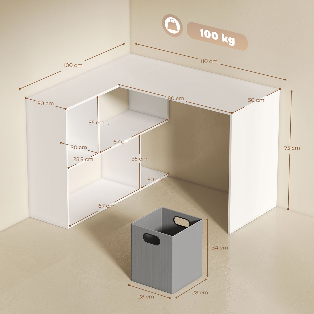 HOMCOM L Shaped Computer Desk, 110 x 100cm Corner Desk with Fabric Drawer and Storage Shelves, White