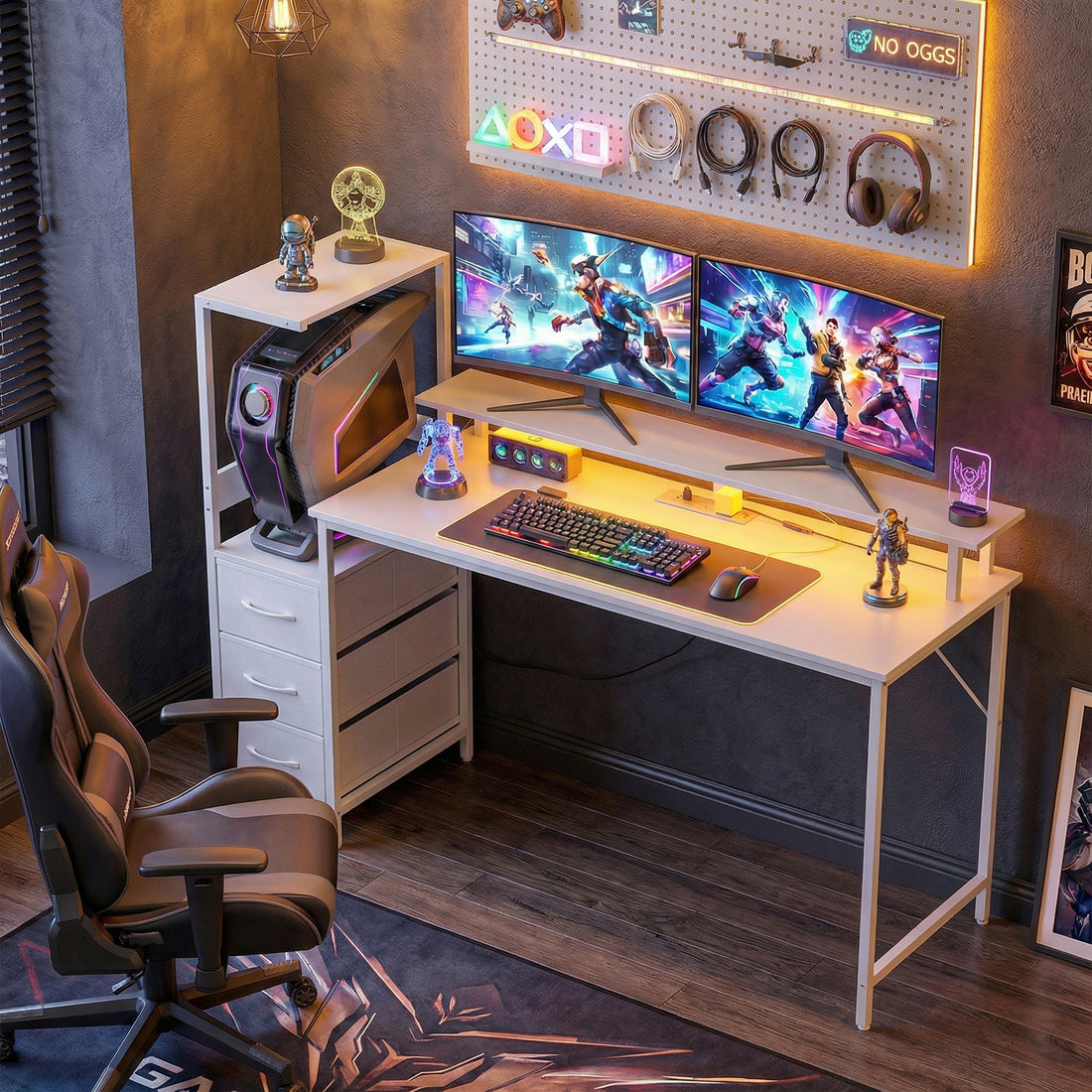 HOMCOM 147cm Gaming Desk with Charging Station and Monitor Stand, Computer Table for Home Office with RGB Lights, White