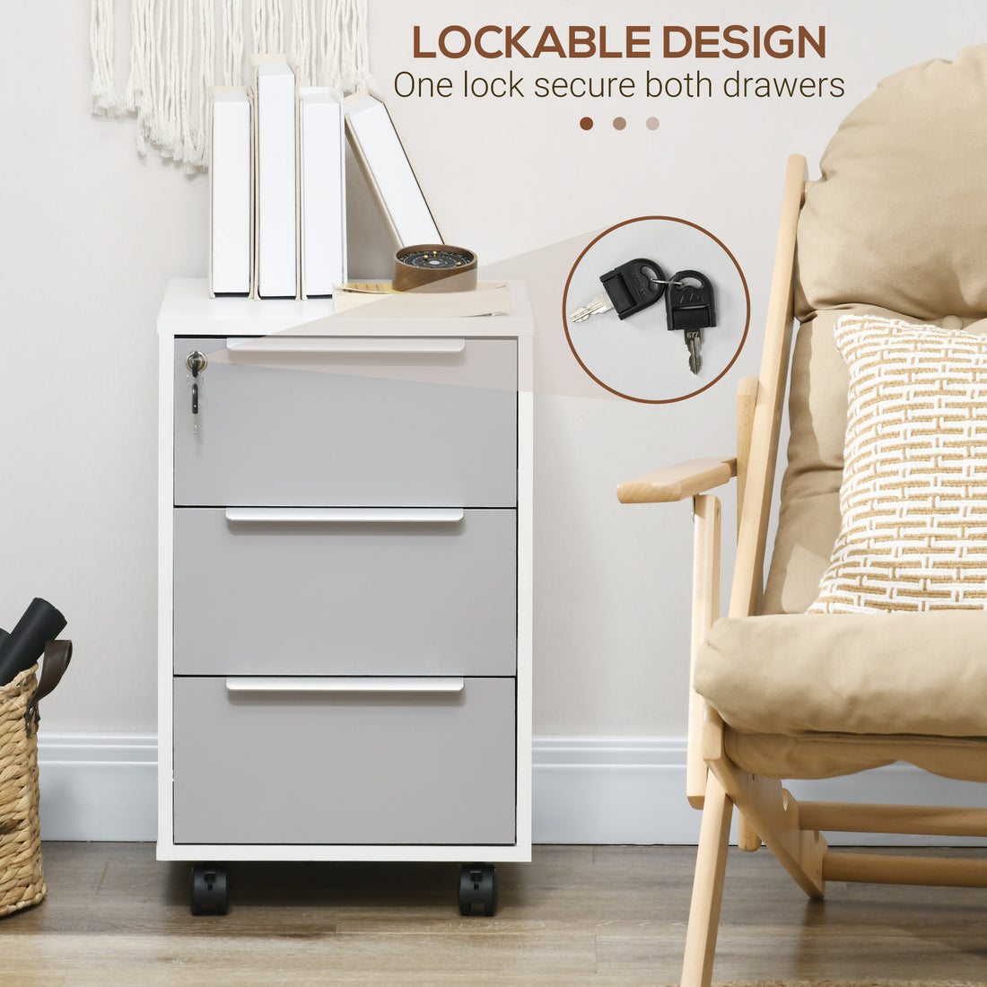 HOMCOM Three-Drawer Locking Filing Cabinet - Grey/White