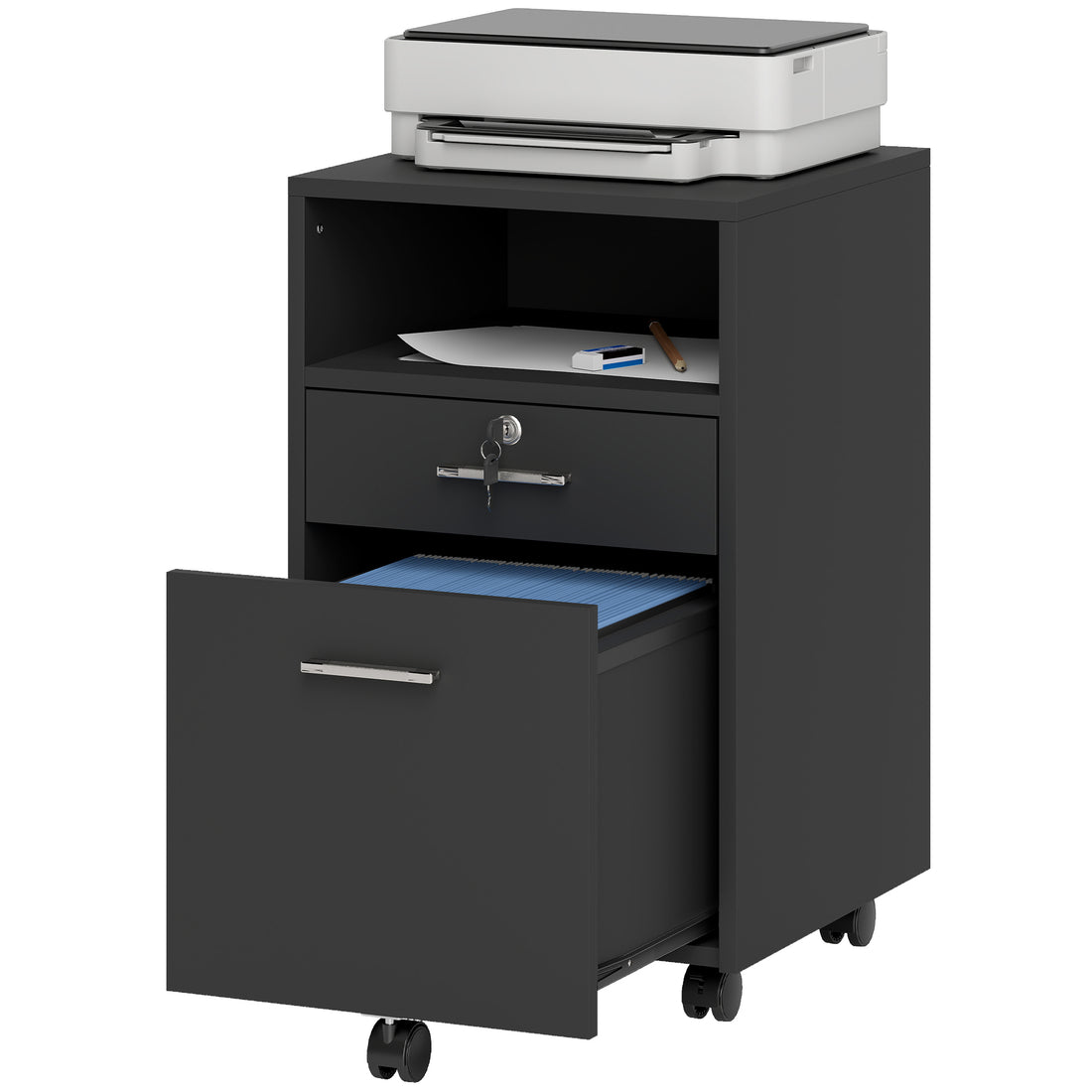 Vinsetto Lockable Two-Drawer Filing Cabinet, with Wheels - Black