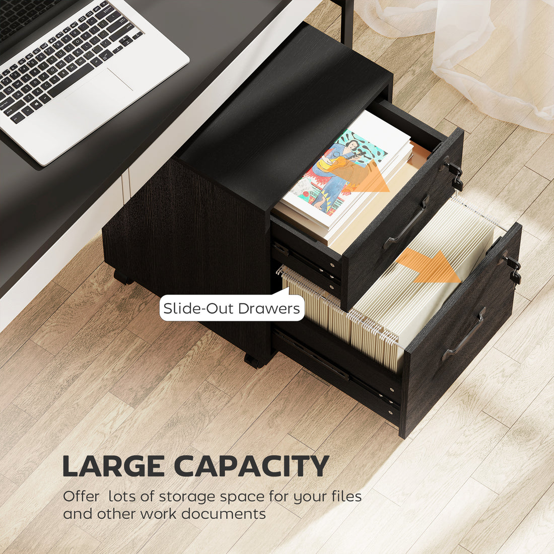 HOMCOM Rolling File Cabinet with 2 Drawers, Mobile Filing Cabinet with Hanging File Folder for Letter Sized Documents, Black
