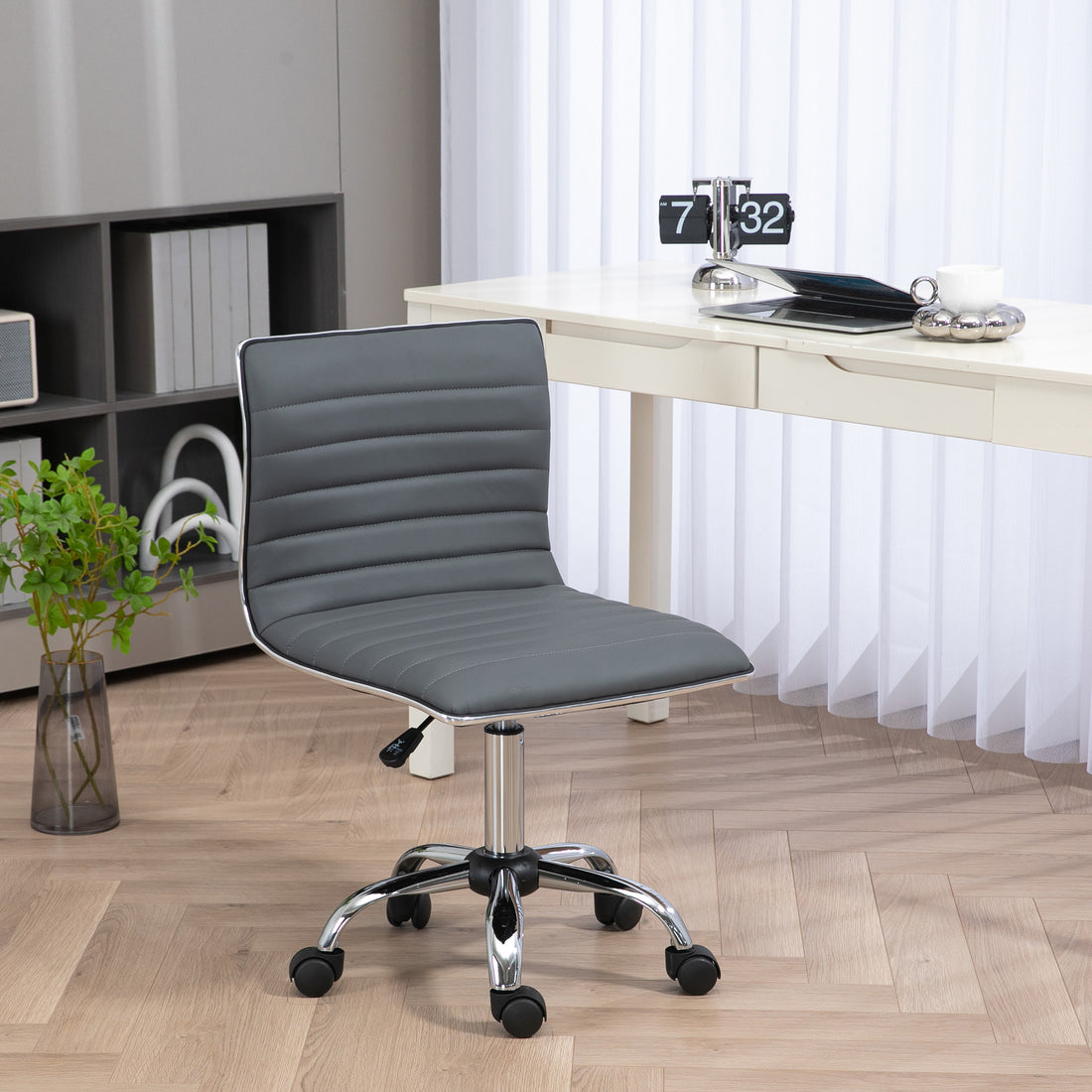 HOMCOM Armless Task Desk Chair, Swivel Office Chair with Faux Leather, Adjustable Seat Height, Chrome Base, Wheels for Home, Dark Grey