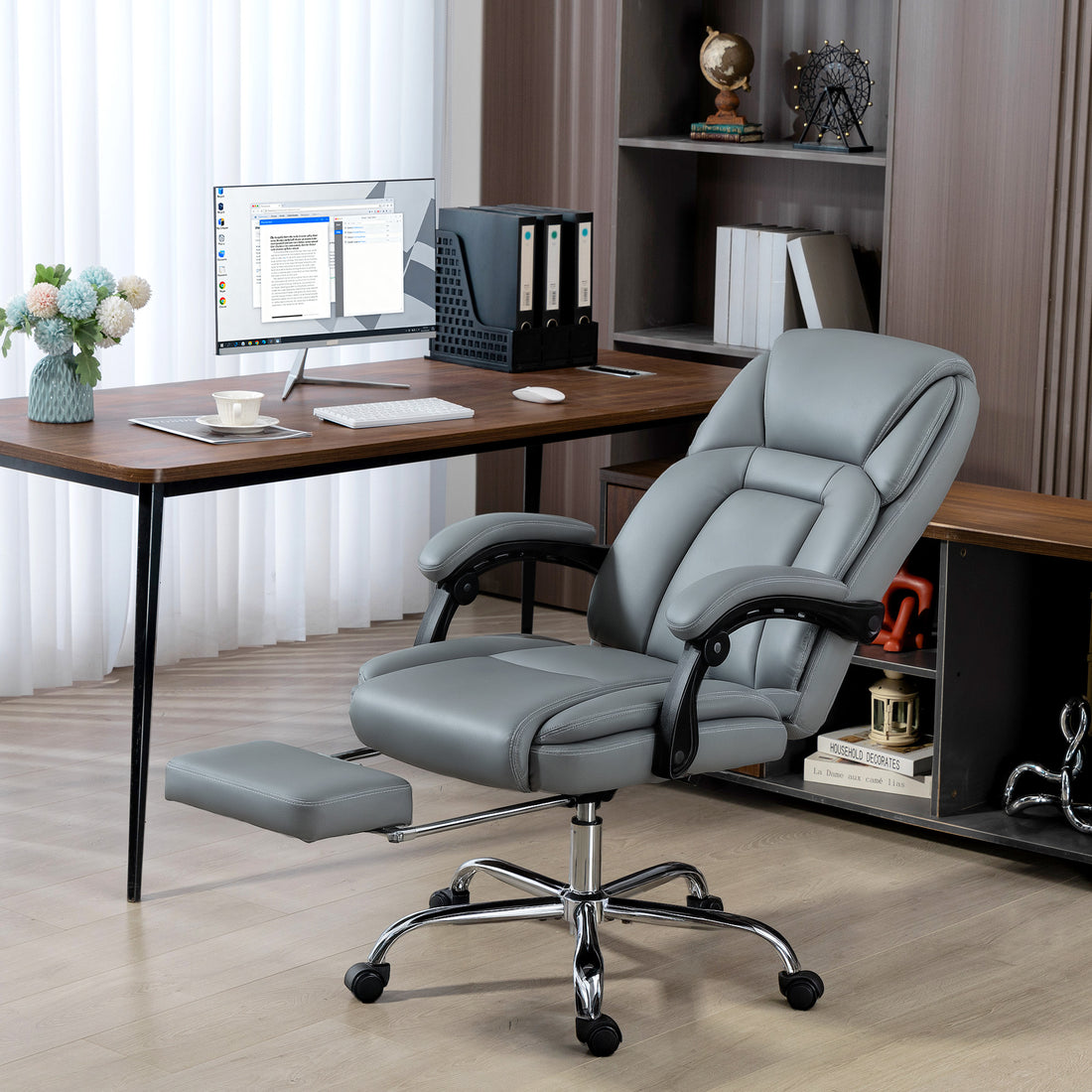 HOMCOM Faux Leather Reclining Office Chair, with Footrest - Grey