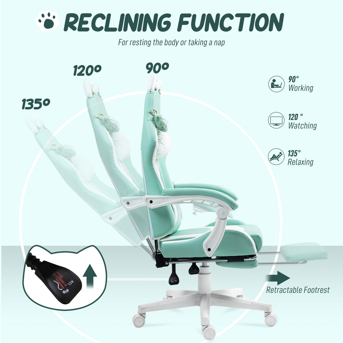 HOMCOM Cat Ear and Paw Reclining Office Chair, with Footrest - Light Blue/White