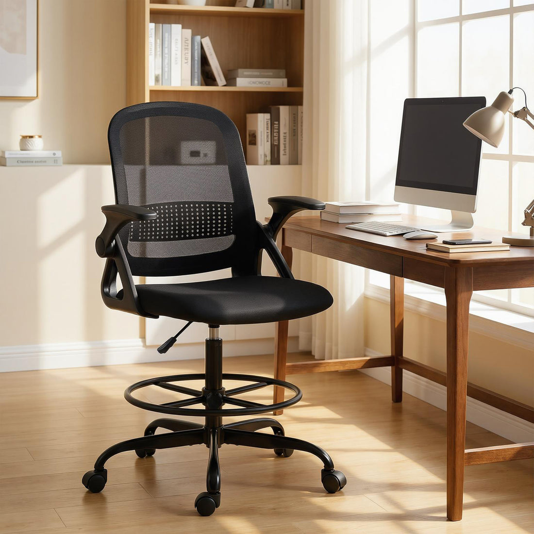 HOMCOM Painting Chair, Mesh Computer Desk Chair with Flip-up Armrests, Black