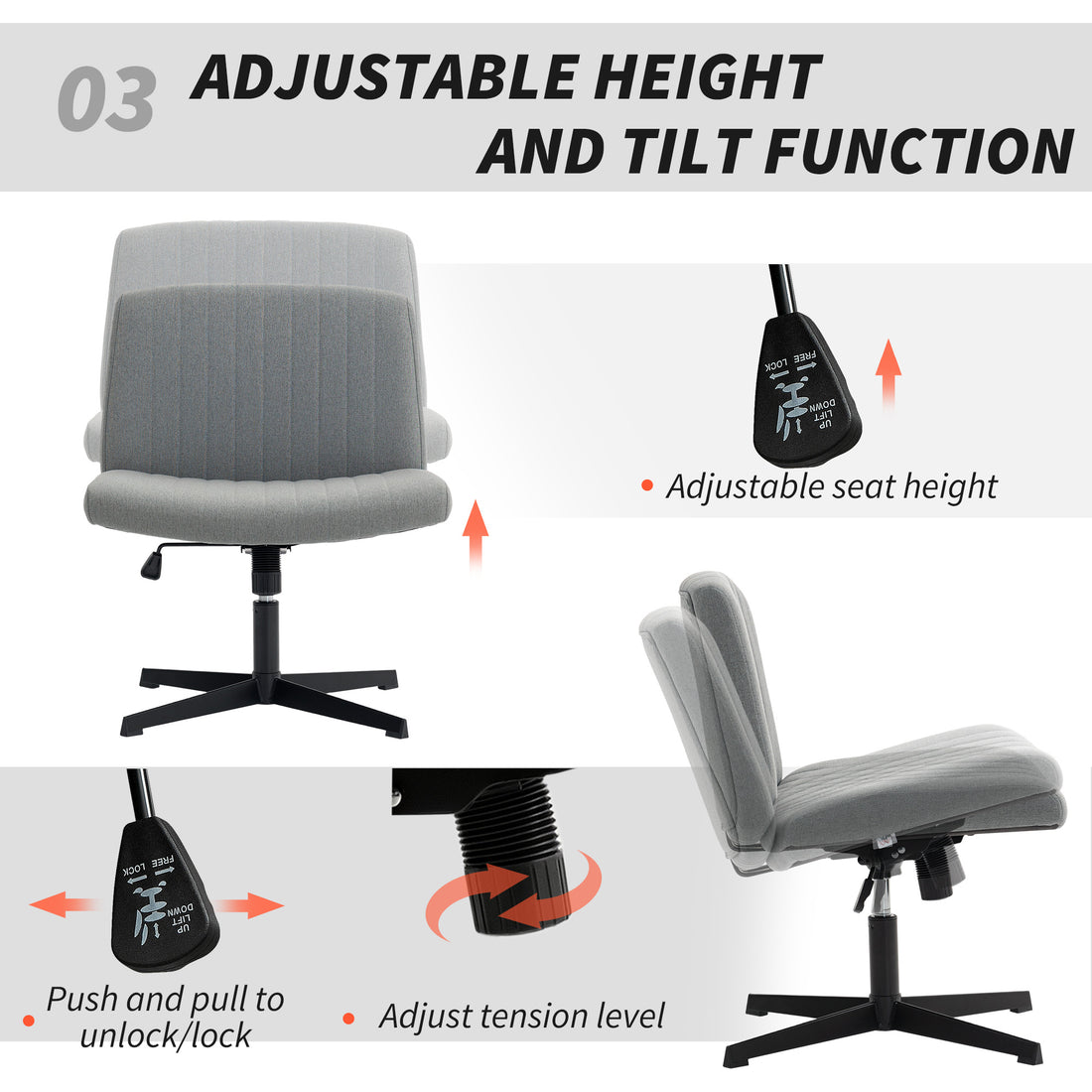 HOMCOM Armless Office Chair No Wheels, Linen Fabric Criss Cross Legged Desk Chair with Wide Seat, Thick Padding, Tilt Function, Height Adjustable Swivel Computer Seat for Home, Grey