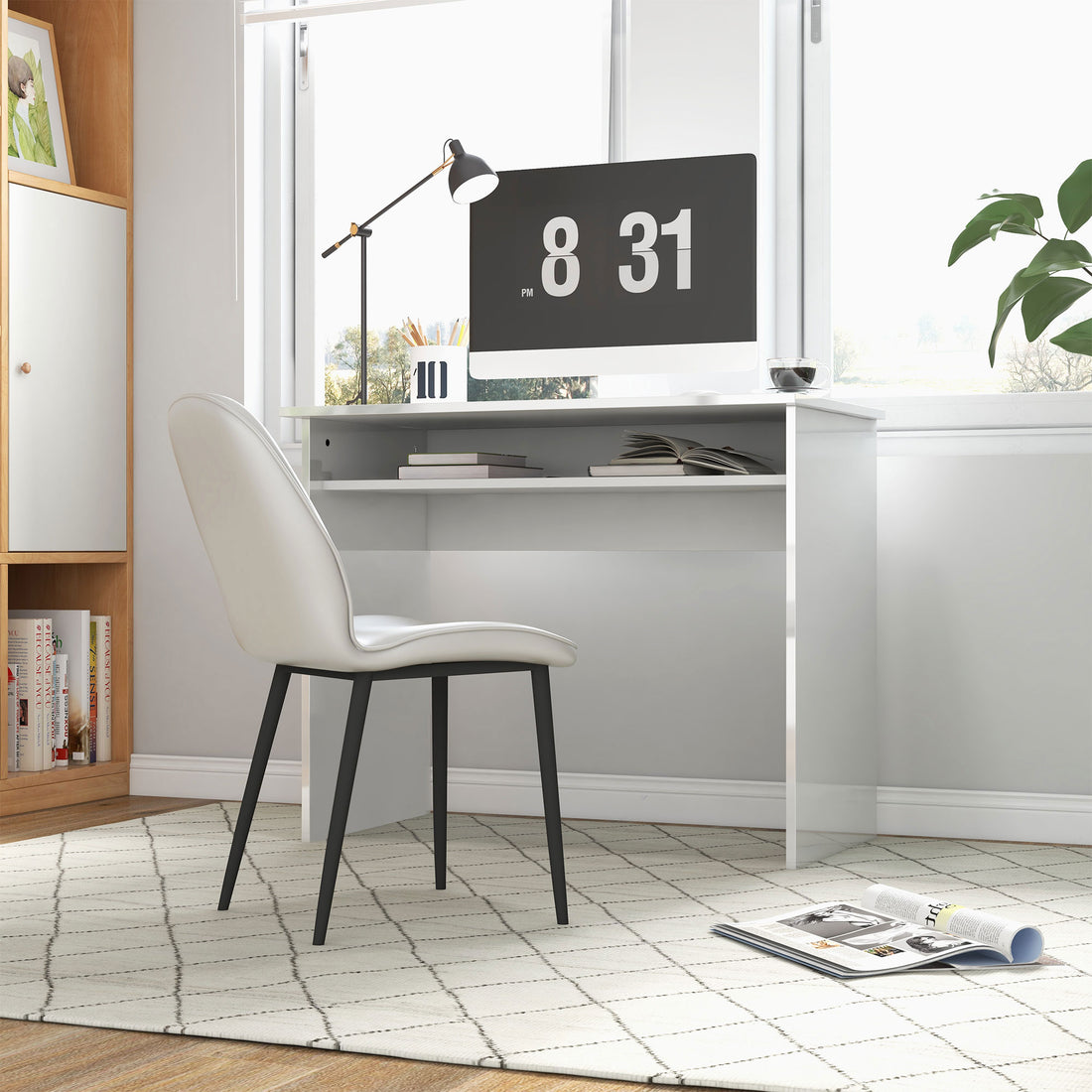 HOMCOM 90 x 50cm Computer Table, Modern Home Office Desk, Small Writing Desk with Storage Shelf, High Gloss White
