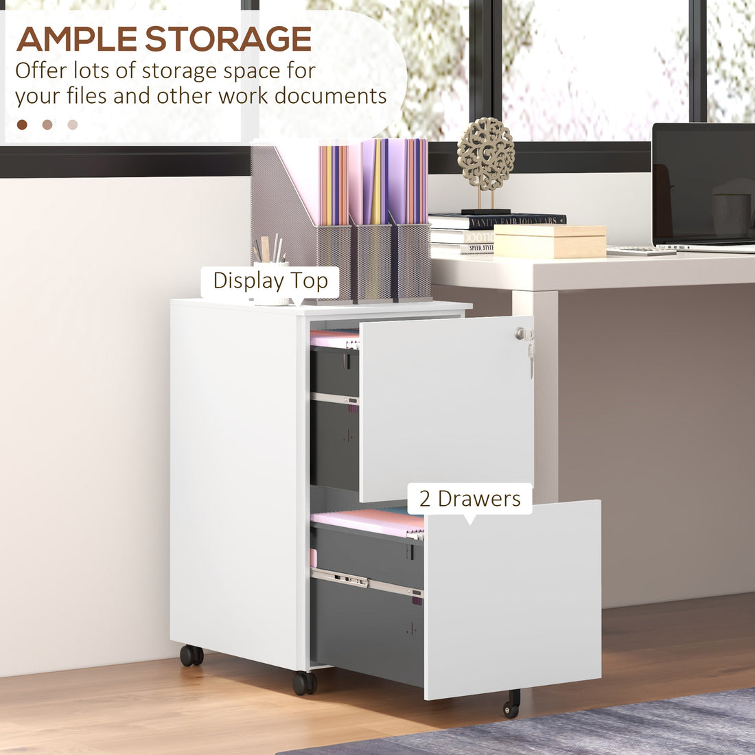 Vinsetto 2-Drawer Filing Cabinet with Lock and 5 Wheels, Steel Mobile File Cabinet, for A4, Legal and Letter Size, Pre-Assembled Body, White