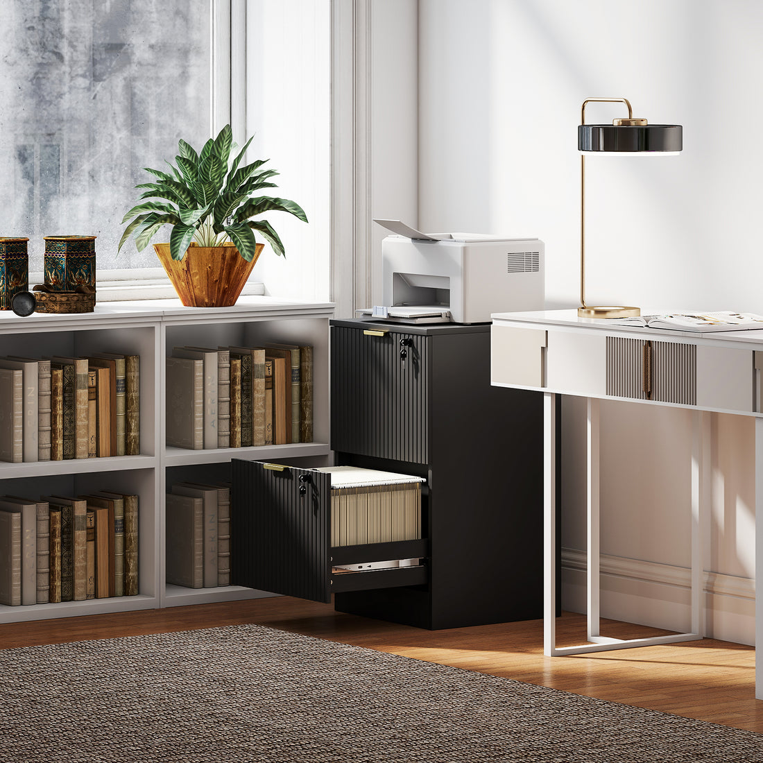 HOMCOM Filing Cabinet, Fluted Vertical File Cabinet with 2 Lockable Drawers and Hanging Rails, Black