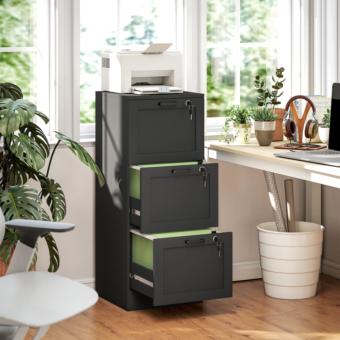 HOMCOM 3-Drawer Filing Cabinet with Lock - Black