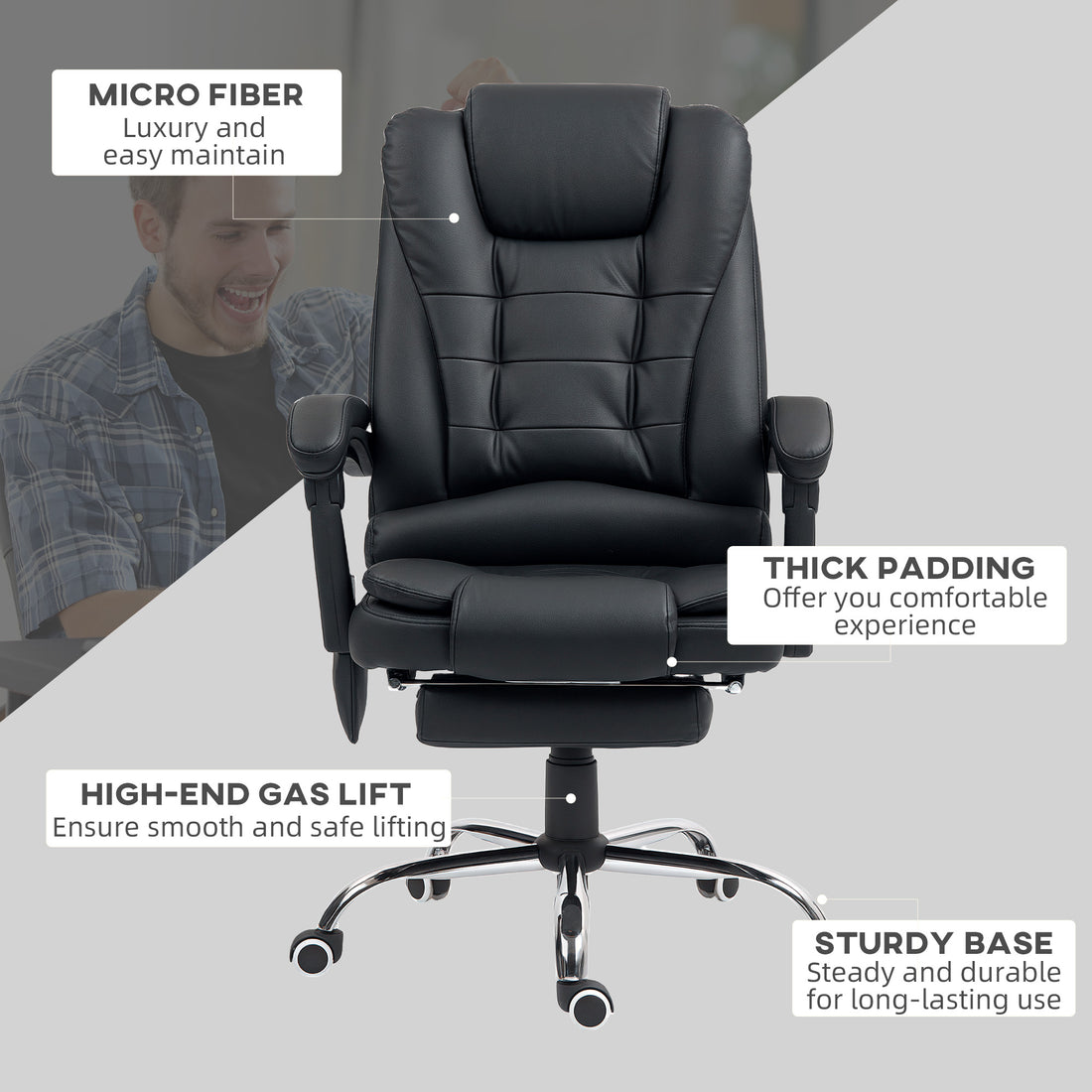 Vinsetto Office Chair with 6 Point Massage and Back Heat, PU Desk Chair with Footrest Adjustable Height and Swivel Wheels, Back Reclining, Black