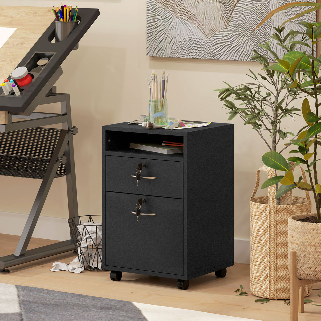 HOMCOM Filing Cabinet, Mobile File Cabinet with 2 Lockable Drawers, Office Home Organiser on Wheels for A4, Letter-Size File Folders, Mobile Printer with Open Shelf, Black