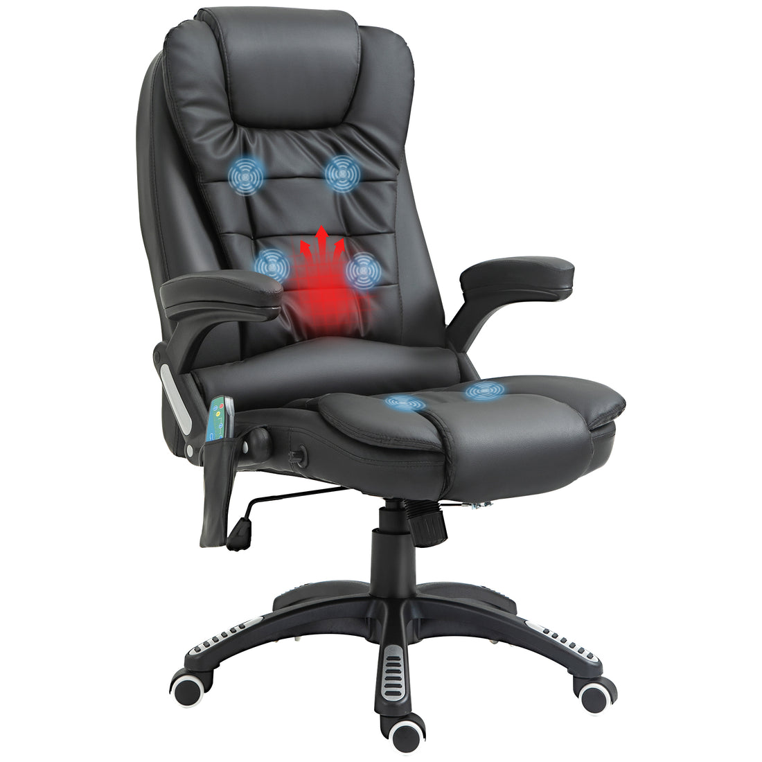 HOMCOM 6-Point Massage Office Chair with Seat Heated for Home Office, PU Leather High Back Executive Desk Chair with Adjustable Height and 360° Swivel for Work Study, Black