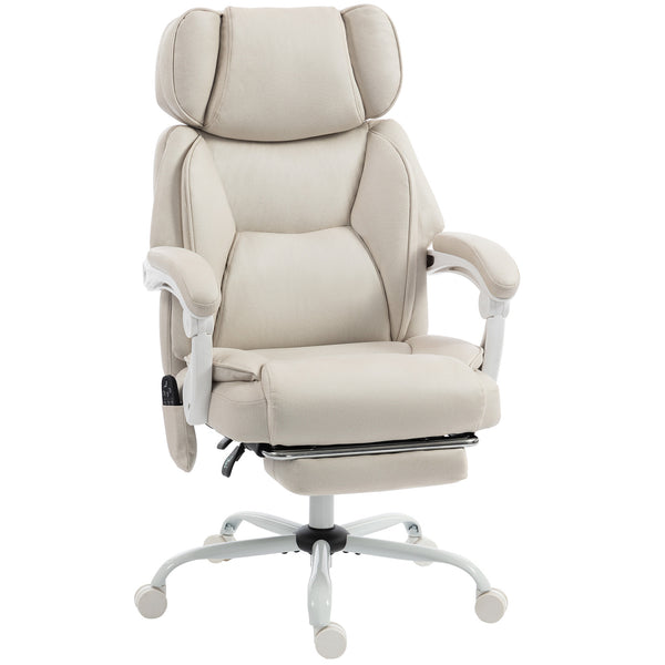 HOMCOM Office Chair with Massage, Heat, Adjustable Headrest, Leathaire‌ Reclining Desk Chair with Footrest, Cream White