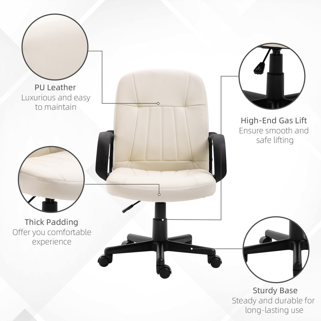 HOMCOM Desk Chair, PU Leather Computer Office Chair with Adjustable Height, Swivel Wheels for Home Work Study, Cream White