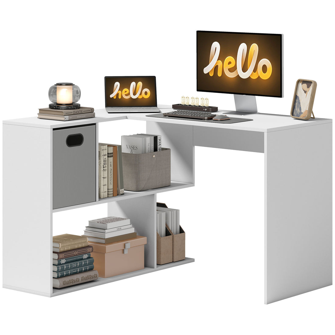 HOMCOM L Shaped Computer Desk, 110 x 100cm Corner Desk with Fabric Drawer and Storage Shelves, White