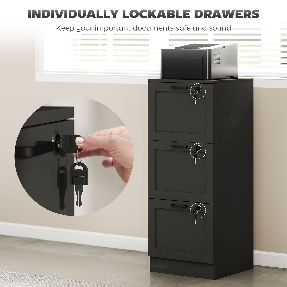 HOMCOM 3-Drawer Filing Cabinet with Lock - Black