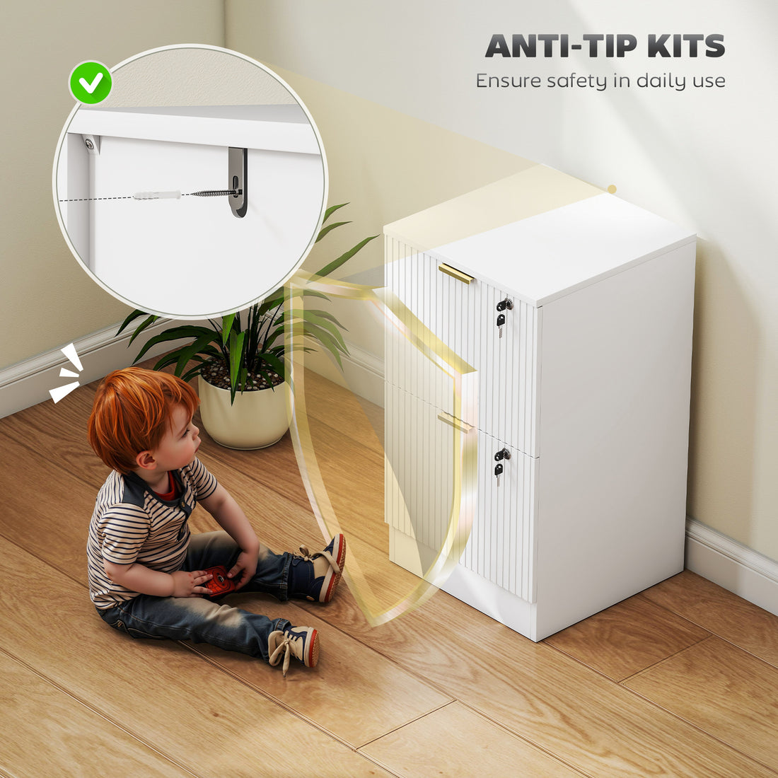 HOMCOM Filing Cabinet, Fluted Vertical File Cabinet with 2 Lockable Drawers and Hanging Rails, White