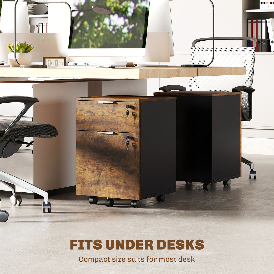 HOMCOM Two-Drawer Lockable Filing Cabinet - Black and Rustic Brown
