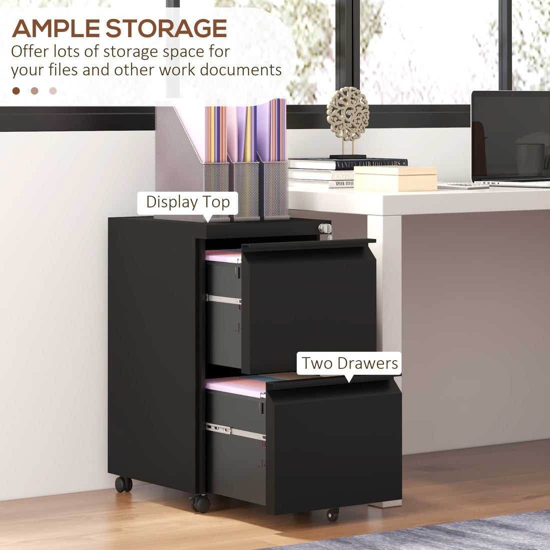 Vinsetto 2-Drawer Mobile Filing Cabinet, Metal Lockable File Cabinet for Letter, A4 and Legal Size, Pre-Assembled Body, Black
