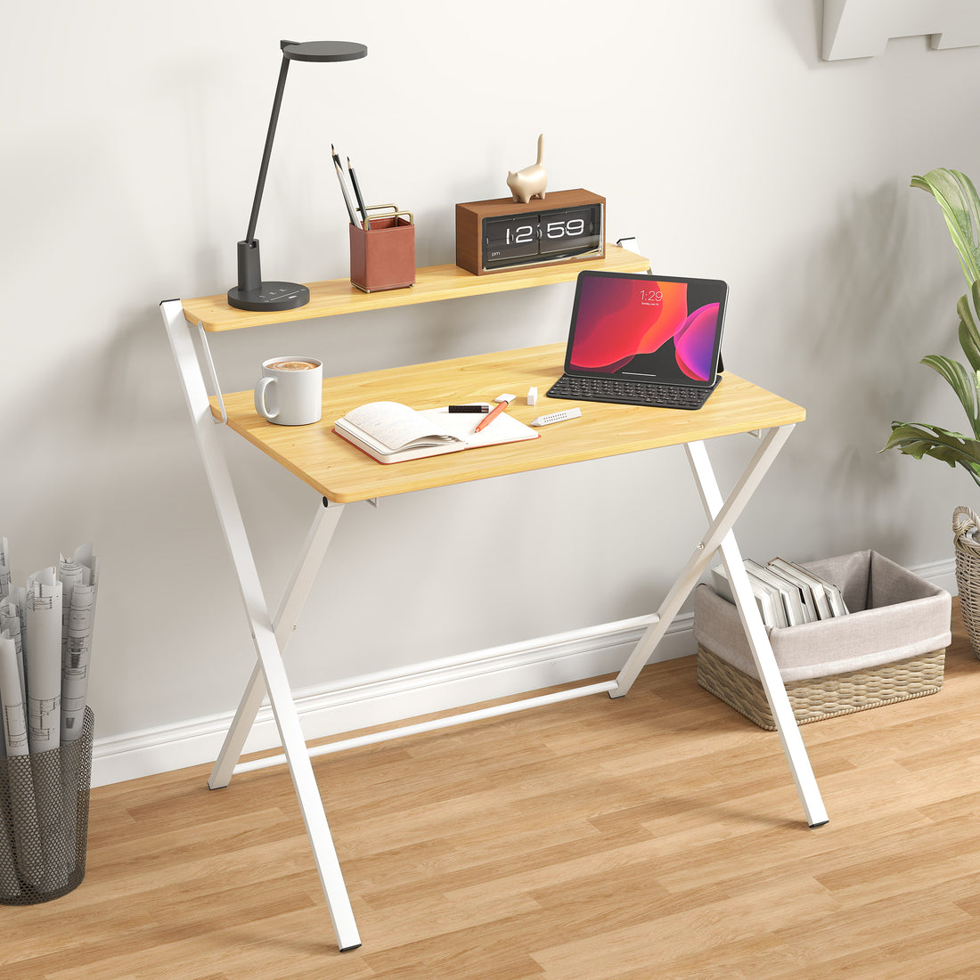 HOMCOM Compact Folding Desk for Small Spaces, Foldable Computer Desk with Storage Shelf for Home Office, 2-Tier Study Writing Table, 86 x 66 x 82 cm, Maple Wood-effect