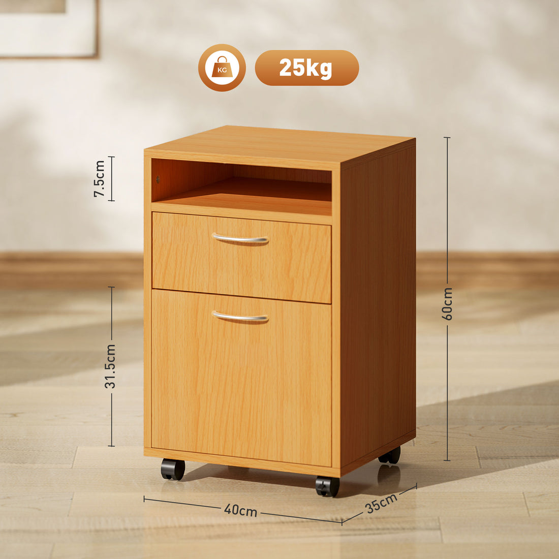HOMCOM Filing Cabinet, Mobile File Cabinet with 2 Drawers, Office Home Organiser on Wheels, Natural Wood Finish