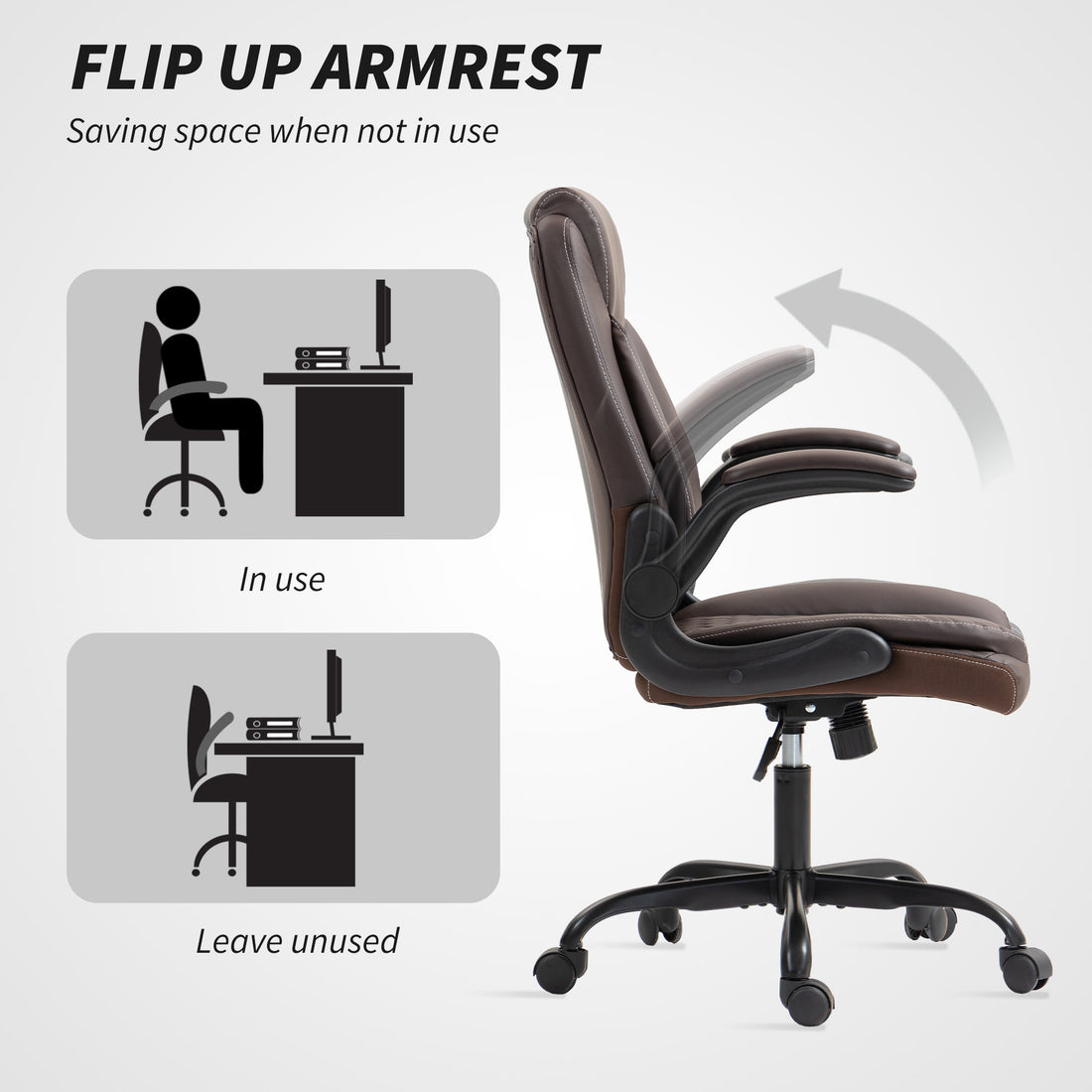 HOMCOM Faux Leather Office Chair. with Flip-Up Armrests - Brown