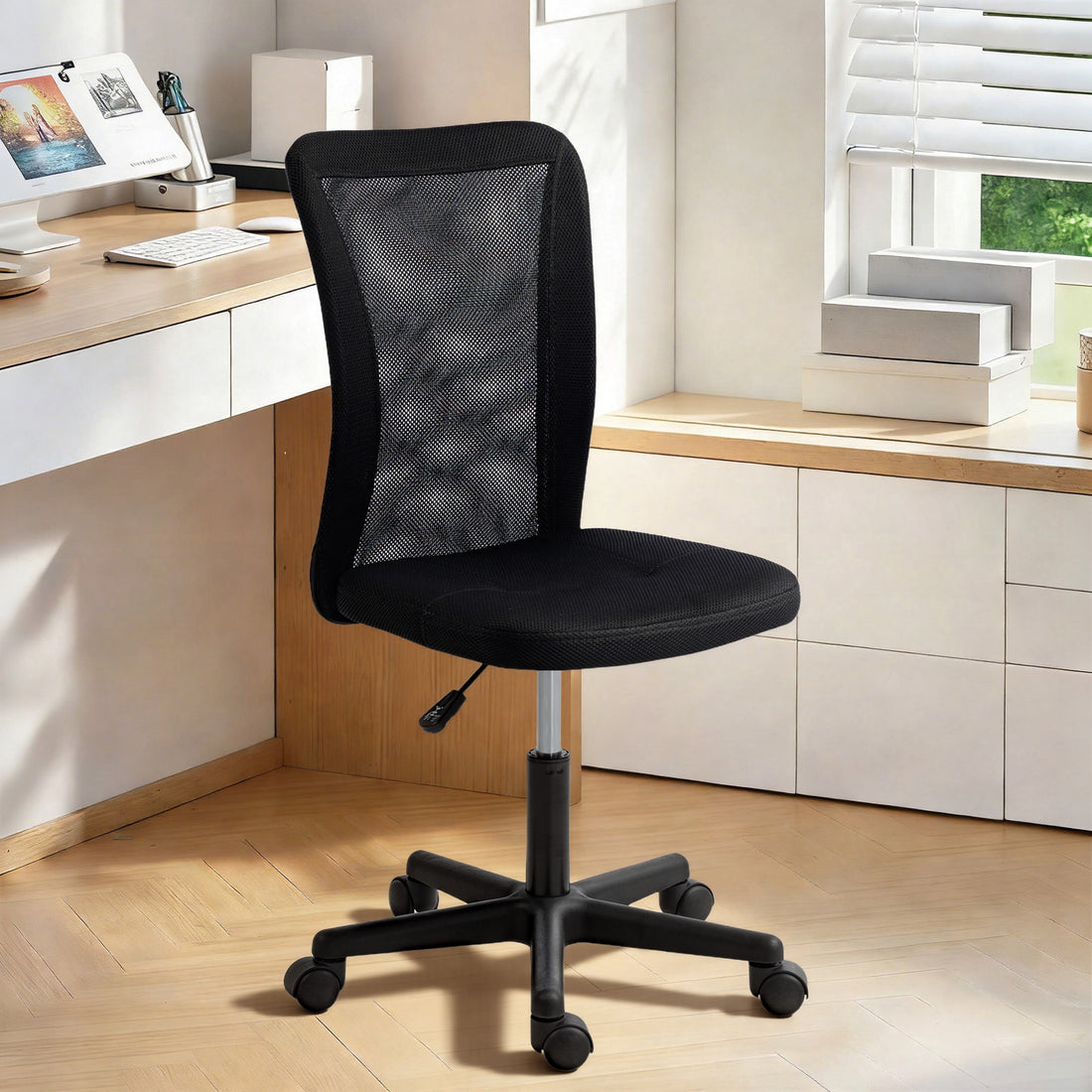 Vinsetto Computer Desk Chair, Armless Mesh Office Chair with Adjustable Height and Rolling Wheels, Black