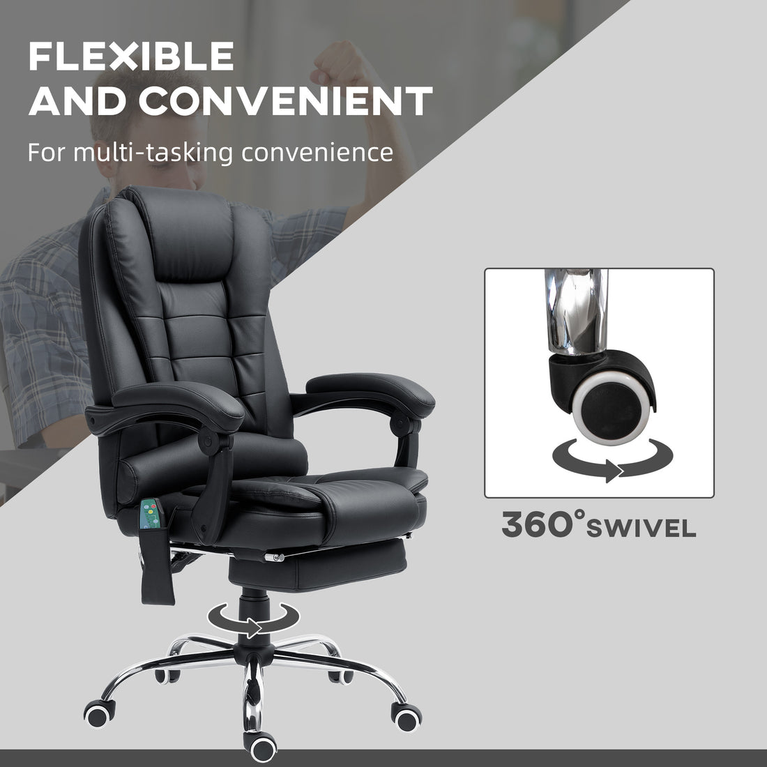 Vinsetto Office Chair with 6 Point Massage and Back Heat, PU Desk Chair with Footrest Adjustable Height and Swivel Wheels, Back Reclining, Black