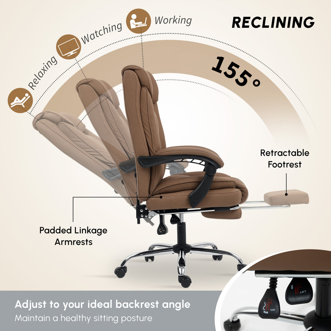 HOMCOM 155° Reclining Faux Leather Swivel Office Chair - Brown