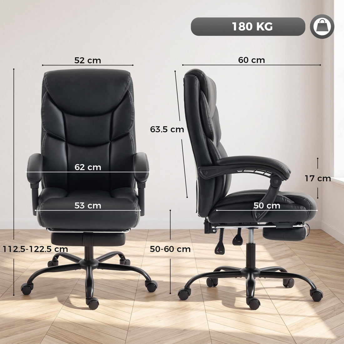 HOMCOM Executive Office Chair, 180kg Big and Tall PU Desk Chair with Linked Armrests, Pocket Spring Cushion, Adjustable Height, Rocking Function, 165° Reclining Backrest, Footrest, PU Casters, Black