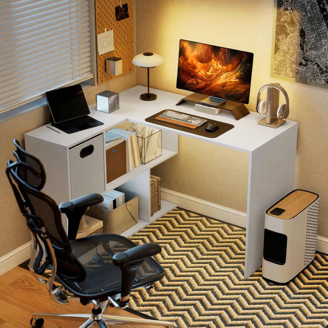 HOMCOM L Shaped Computer Desk, 110 x 100cm Corner Desk with Fabric Drawer and Storage Shelves, White