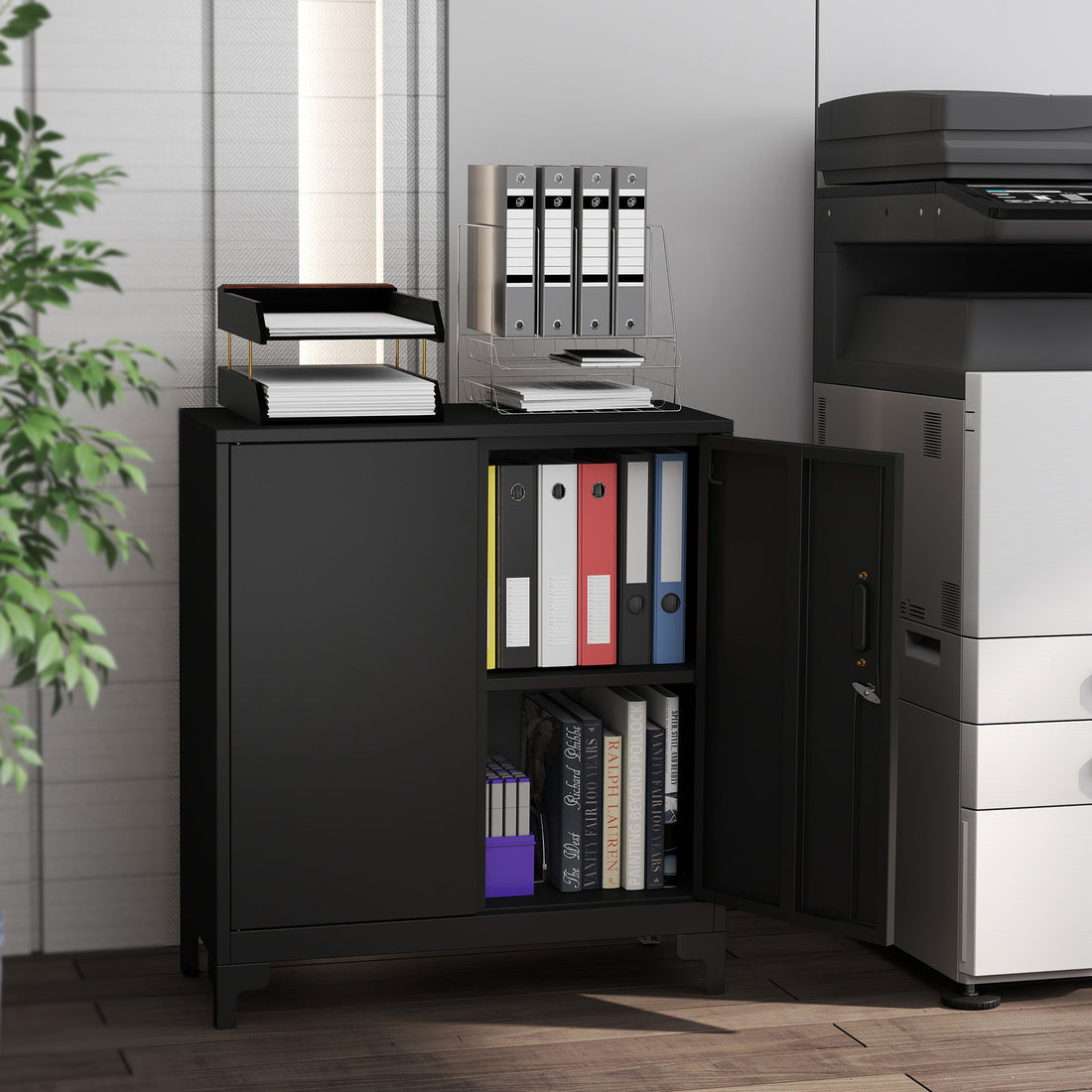 HOMCOM Lockable Metal Filing Cabinet, 2-Tier Storage Cupboard with Double Doors, Modern Office Organiser, Black