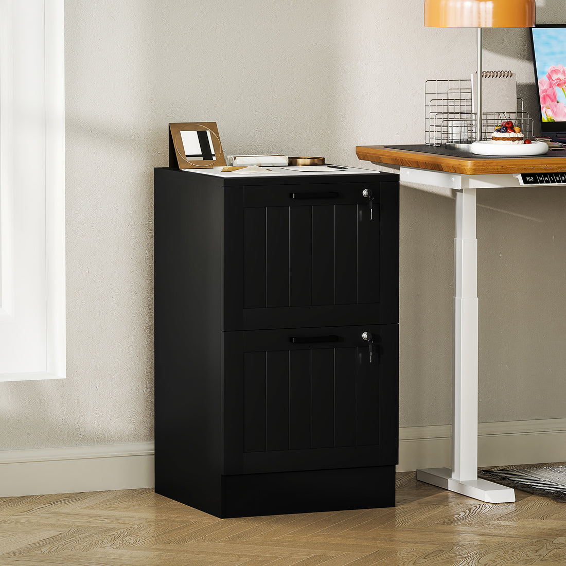 HOMCOM 2 Drawer Filing Cabinet with Lock, Office Storage Cabinet with Adjustable Hanging Bars for A4 Letter Size Files, Black