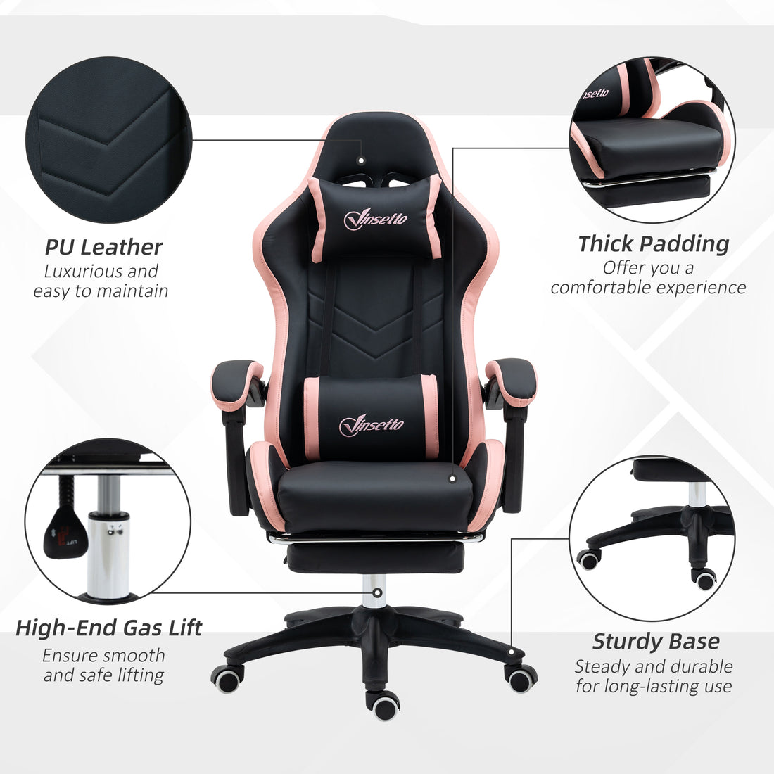 Vinsetto Gaming Chair, Computer Gamer Chair with Reclining High Back, Headrest, Lumbar Support, Footrest, Swivel Wheels, PU Leather, Adjustable Height for Home, Black and Pink