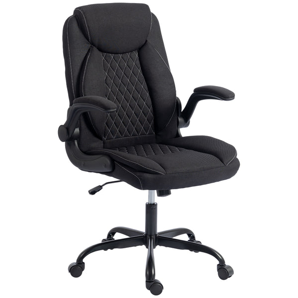 HOMCOM Linen-Look Computer Desk Chair, Executive Office Chair with Flip-Up Armrests and Thick Cushion, Black