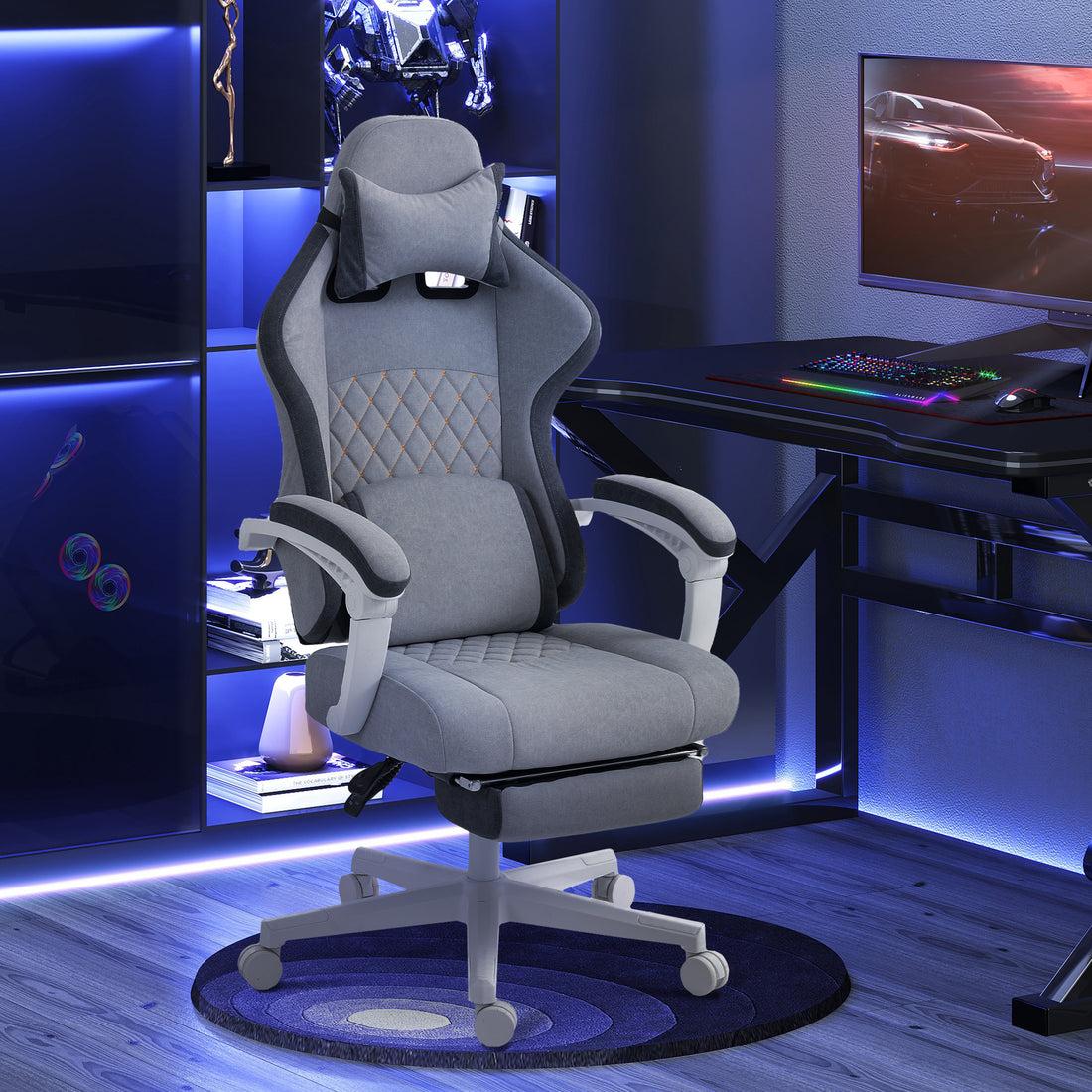 HOMCOM Gaming Chair, Gamer Computer Chair with Footrest, High Back, Lumbar Support, Adjustable Height, Swivel Wheels for Home Office, Grey