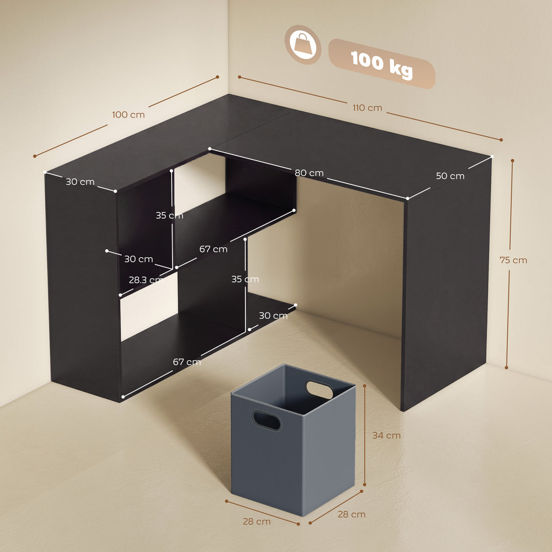 HOMCOM 110 cm L-Shaped Desk, Small Computer Desk with Fabric Drawer and Storage Shelves for Home Office, Study, Black