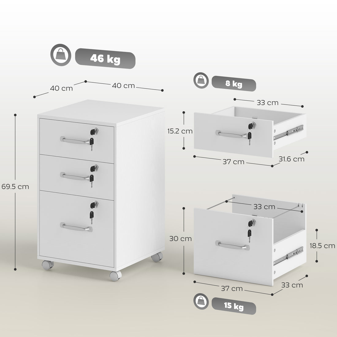 HOMCOM Three Drawer Wood-Effect Filing Cabinet - White