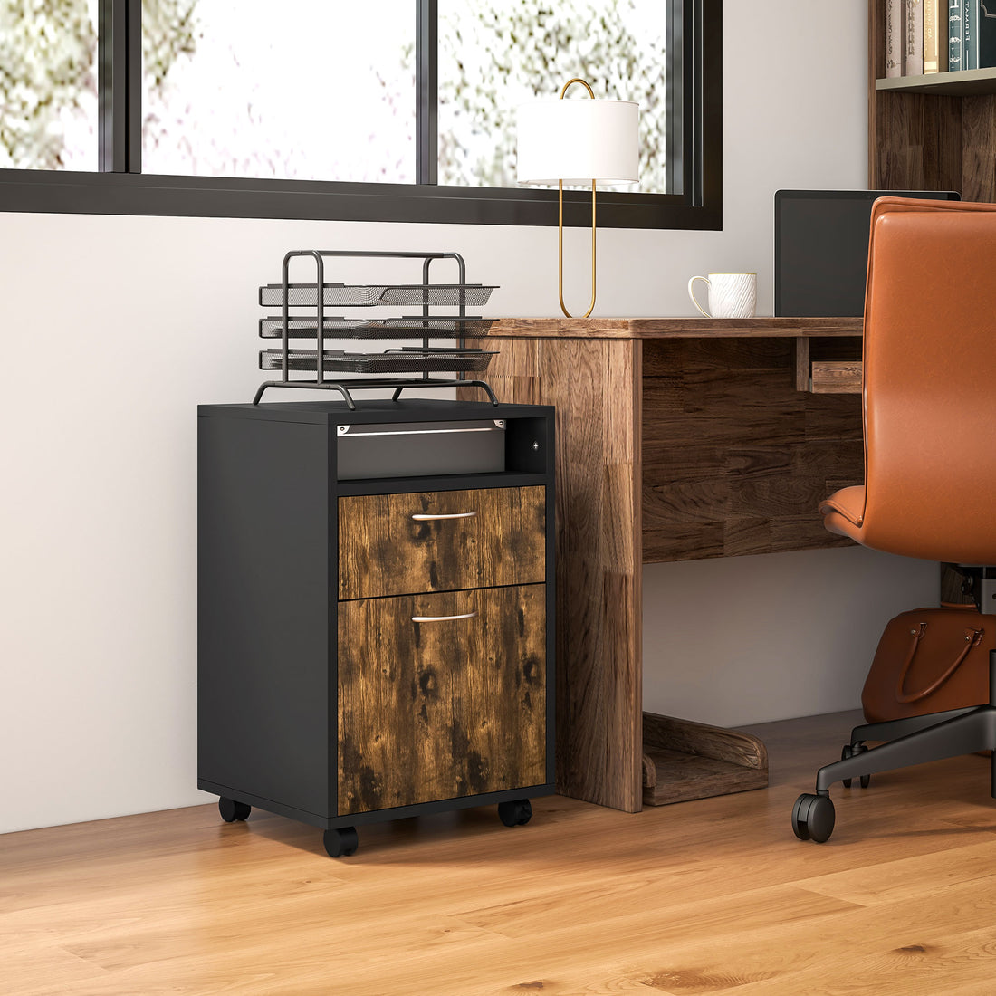 HOMCOM Filing Cabinet, Mobile File Cabinet with 2 Lockable Drawers, Office Home Organiser on Wheels for A4, Letter-Size File Folders, Mobile Printer with Open Shelf, Rustic Brown