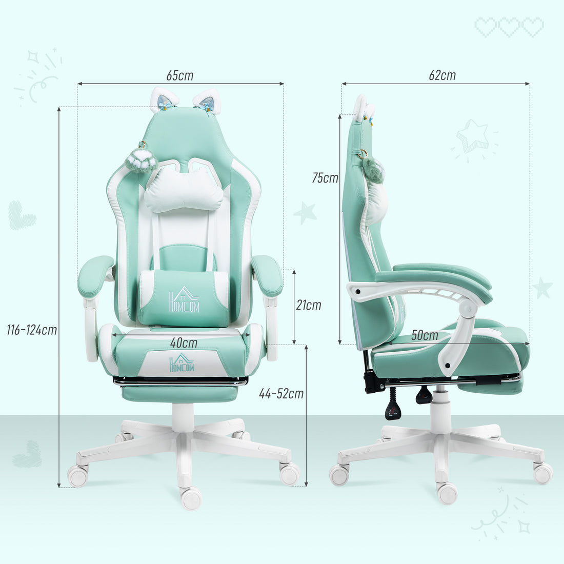 HOMCOM Cat Ear and Paw Reclining Office Chair, with Footrest - Light Blue/White
