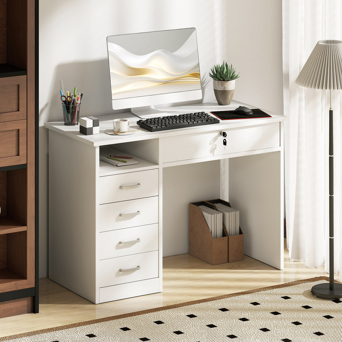 HOMCOM Computer Desk, Home Office Desk with Lockable Drawer, Storage Shelf for Study Bedroom, 110 x 50 x 76 cm, White