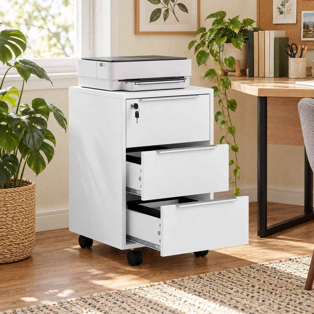 HOMCOM Three-Drawer Locking Filing Cabinet - White