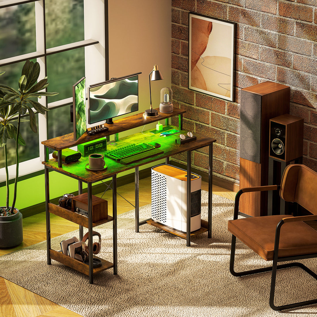 HOMCOM LED Computer Desk, with Power Outlets and Shelves - Rustic Brown