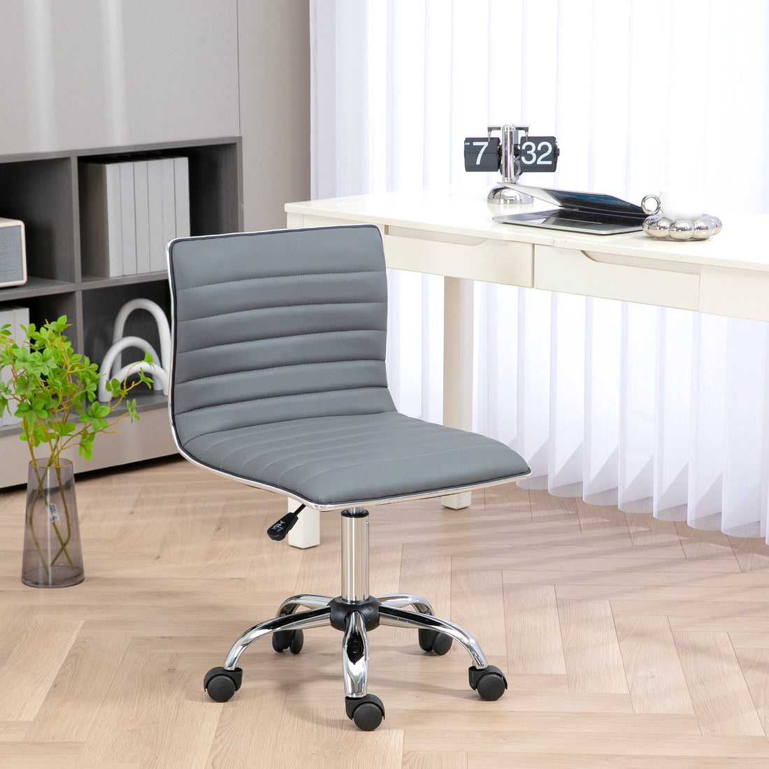 HOMCOM Armless Task Desk Chair, Swivel Office Chair with Faux Leather, Adjustable Seat Height, Chrome Base, Wheels for Home, Light Grey