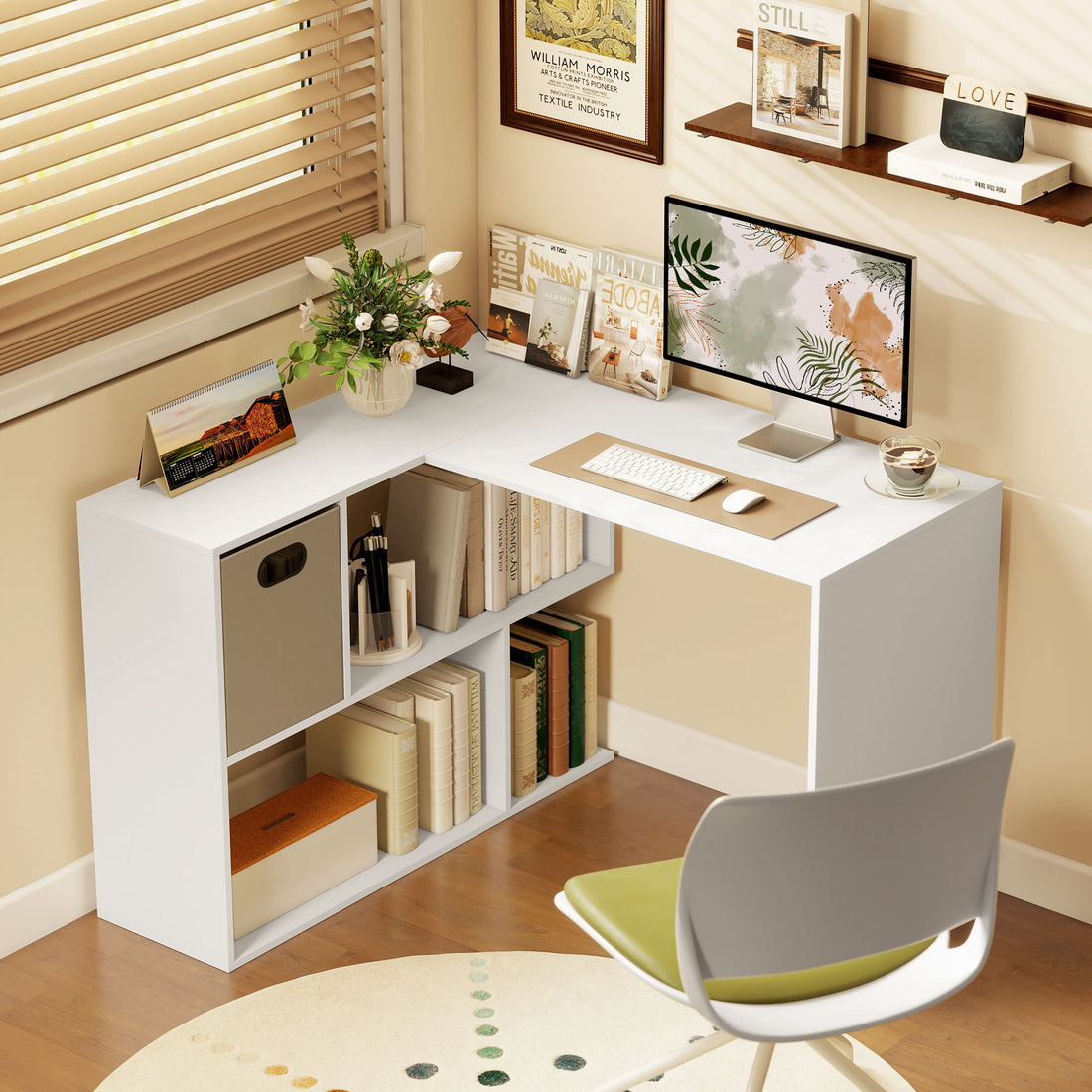 HOMCOM L Shaped Computer Desk, 110 x 100cm Corner Desk with Fabric Drawer and Storage Shelves, White