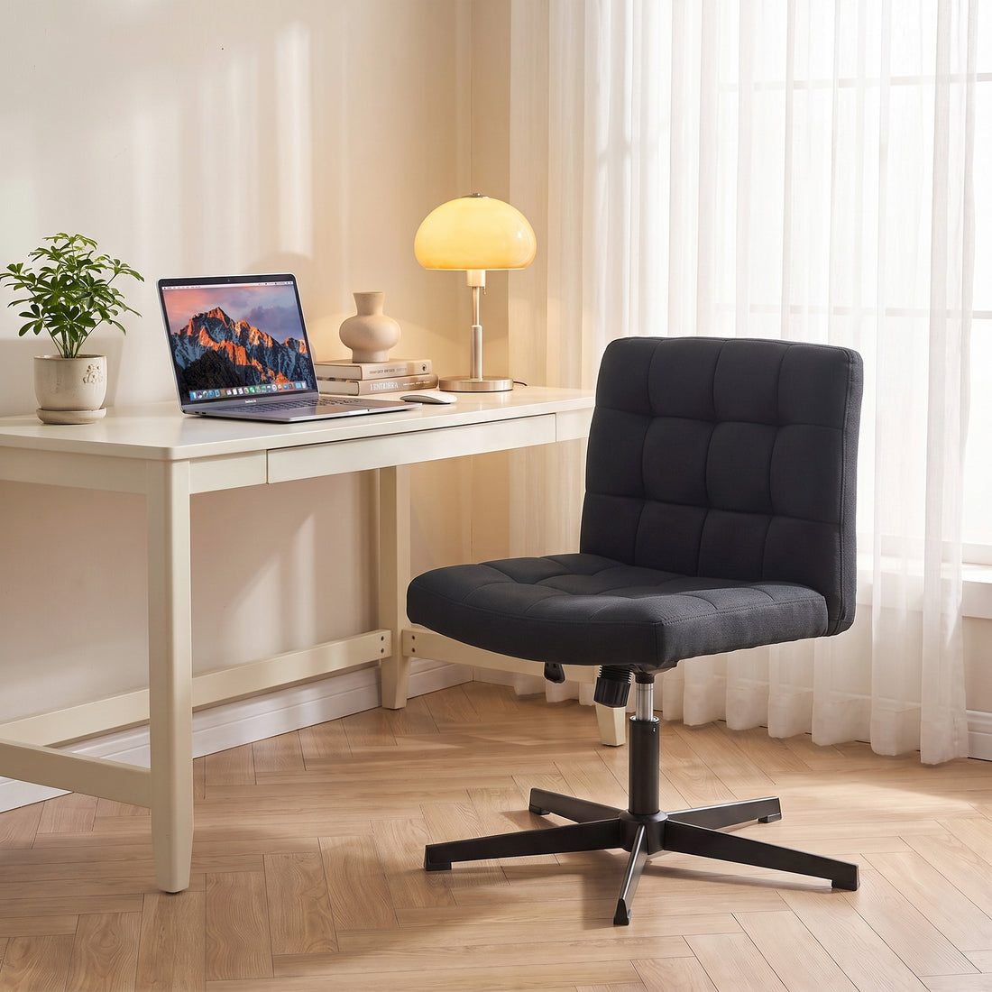 HOMCOM Armless Office Chair, Cross Legged Linen Computer Desk Vanity Chair with Wide Seat, Rocking Function, Black